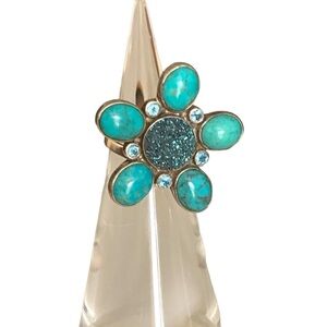 SAJEN Turquoise Cluster Aqua Crystal Blue Druzy Sterling Silver Ring Jewelry